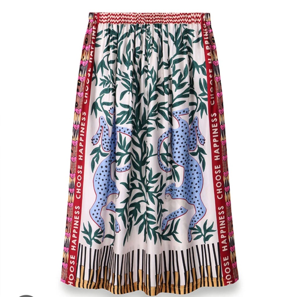 Me369-Hailey Leopard Printed Choose Happiness Midi Skirt Multicolor Size Large